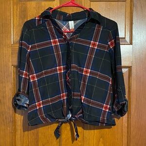 No Boundaries Plaid Flannel Button-Up Tie Front Top